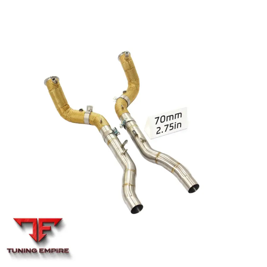 FERRARI ROMA STAINLESS STEEL RAZOR EXHAUST DOWNPIPE WITH GOLDEN HEAT SHIELD