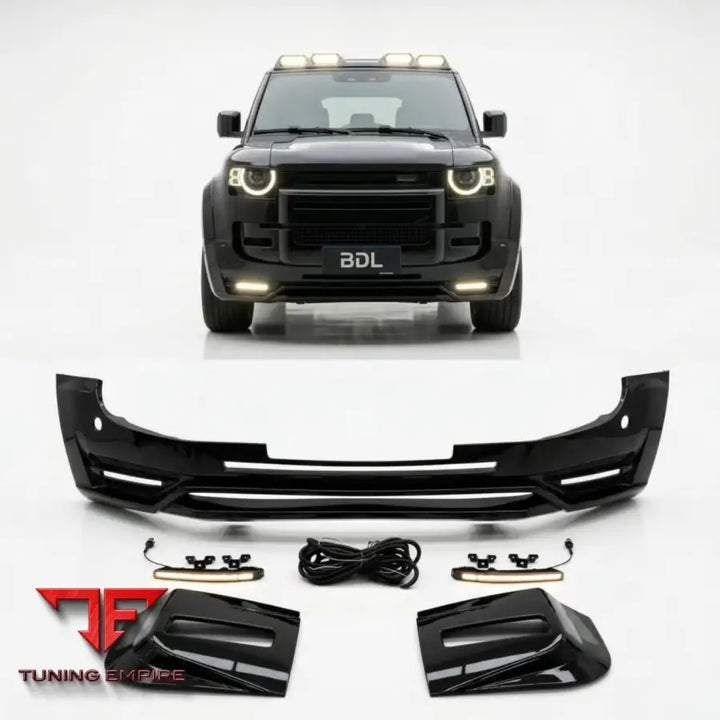 LAND ROVER DEFENDER 90 110 GLOSS BLACK FRONT BUMPER LIP WITH 2 LED LIGHT SKIRT PLATE 2021Y