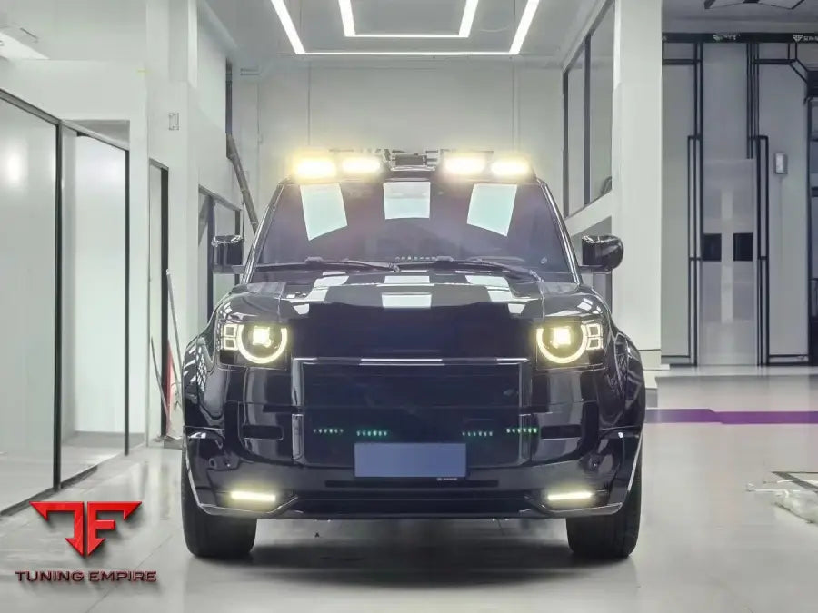 LAND ROVER DEFENDER 90 110 GLOSS BLACK FRONT BUMPER LIP WITH 2 LED LIGHT SKIRT PLATE 2021Y