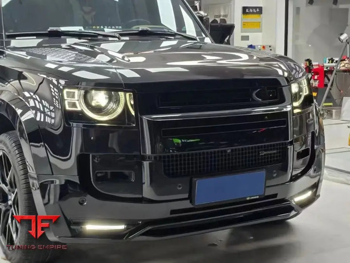 LAND ROVER DEFENDER 90 110 GLOSS BLACK FRONT BUMPER LIP WITH 2 LED LIGHT SKIRT PLATE 2021Y